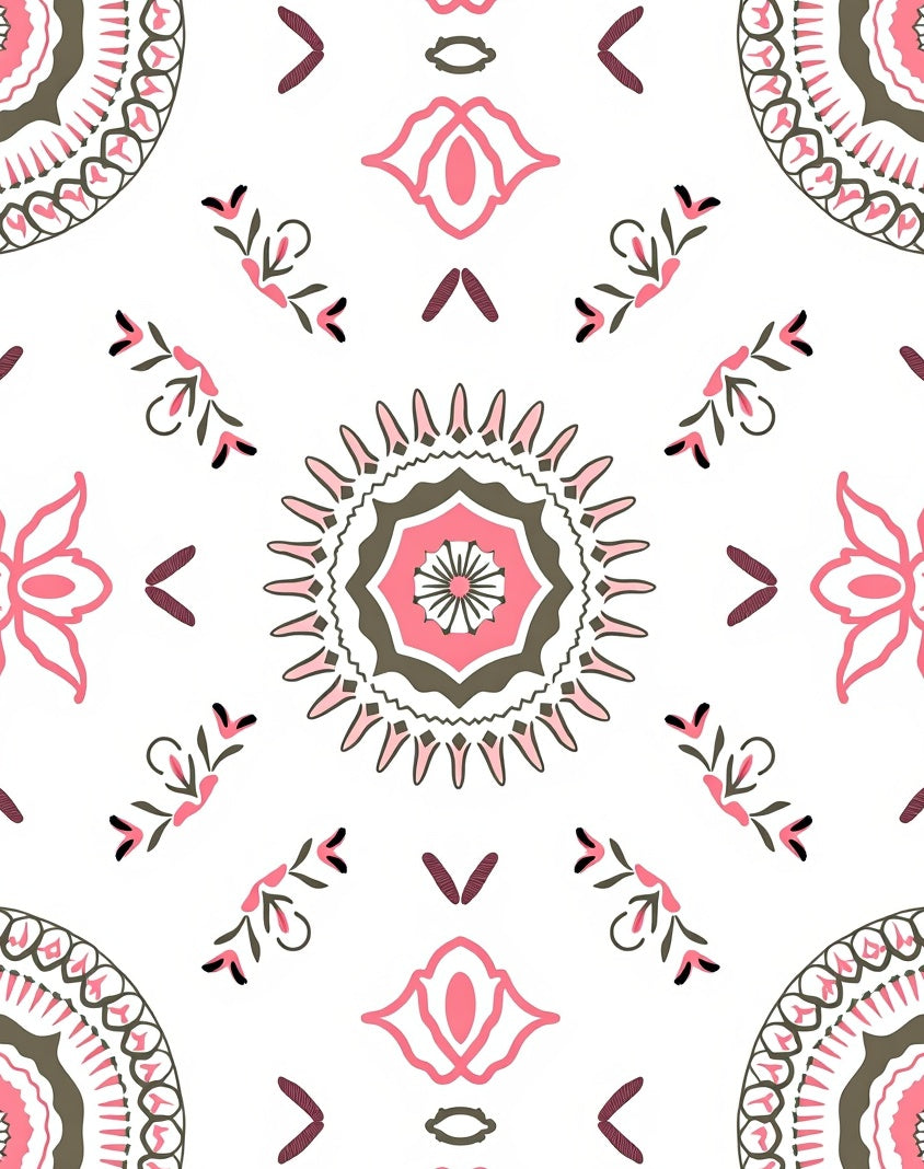 Pink Cream Coral Medallion Folk Art Rug