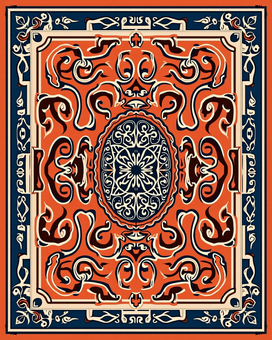 Intricate Orange Blue Floral Medallion Rug