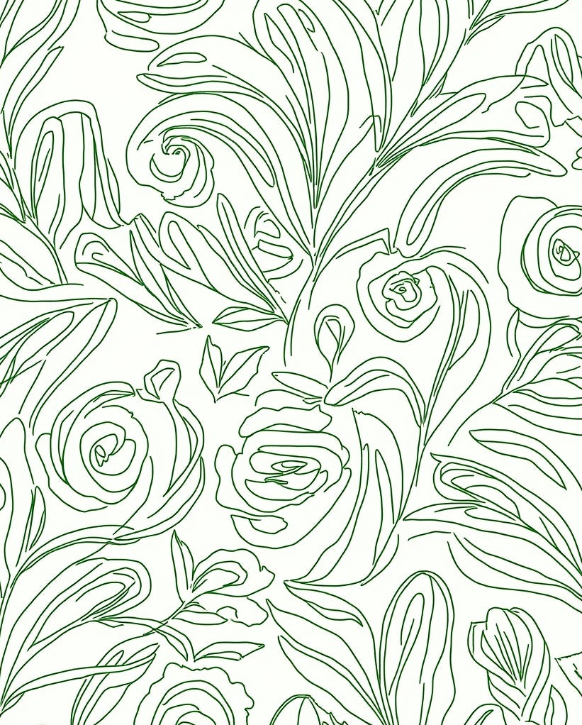 Whimsical Green Floral Line Art Rug