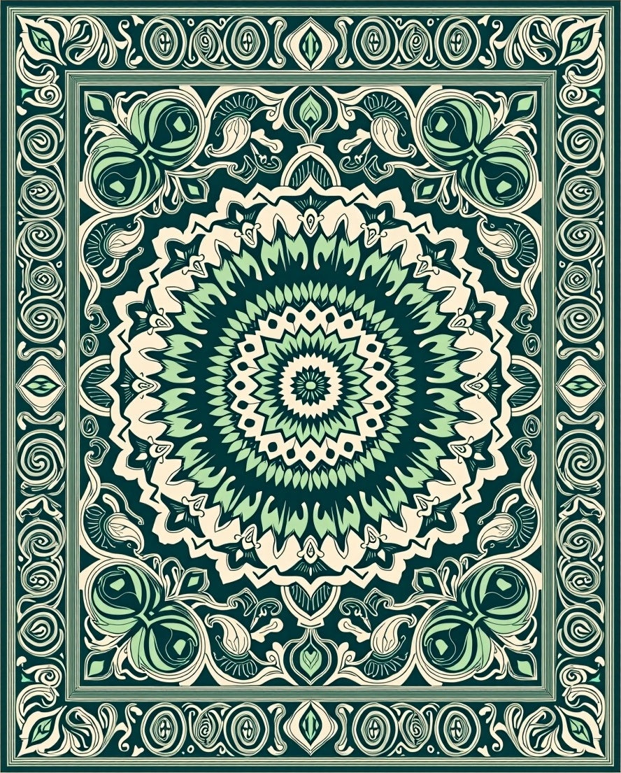 Deep Teal Medallion Floral Border Rug