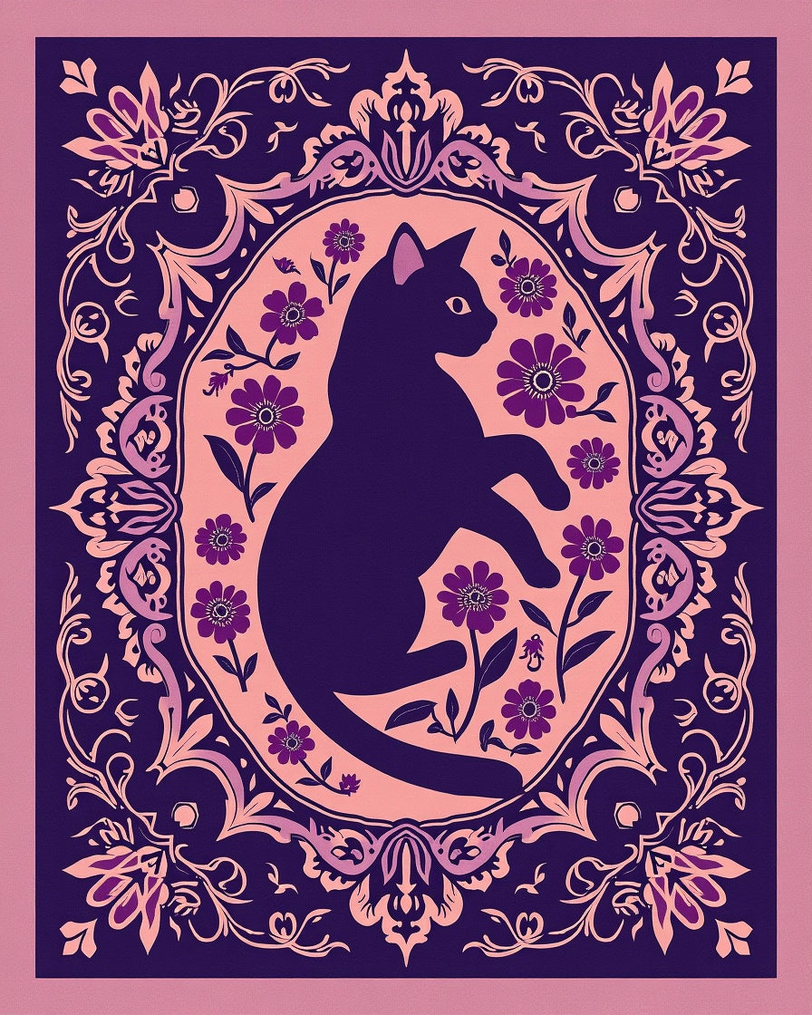 Ornate Black Cat Floral Pattern Rug