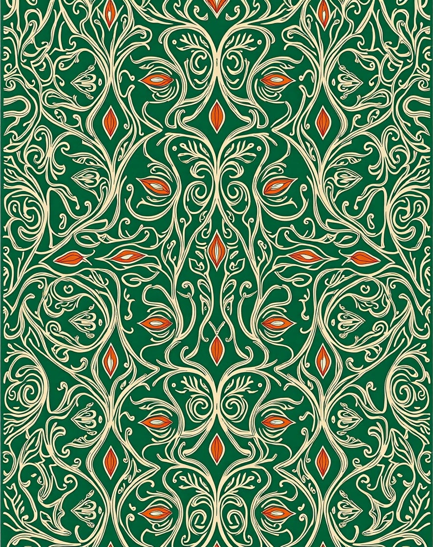 Emerald Green Cream Orange Floral Scroll Rug