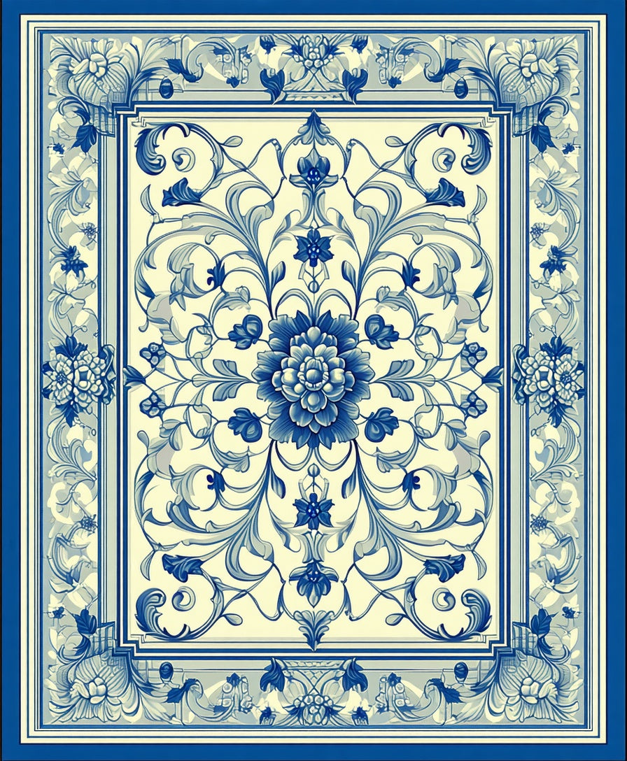 Blue and Cream Floral Vine Pattern Rug