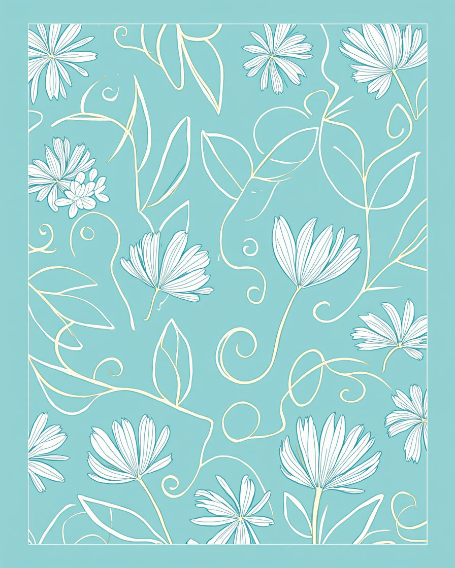Aqua Floral Swirl Line Art Rug