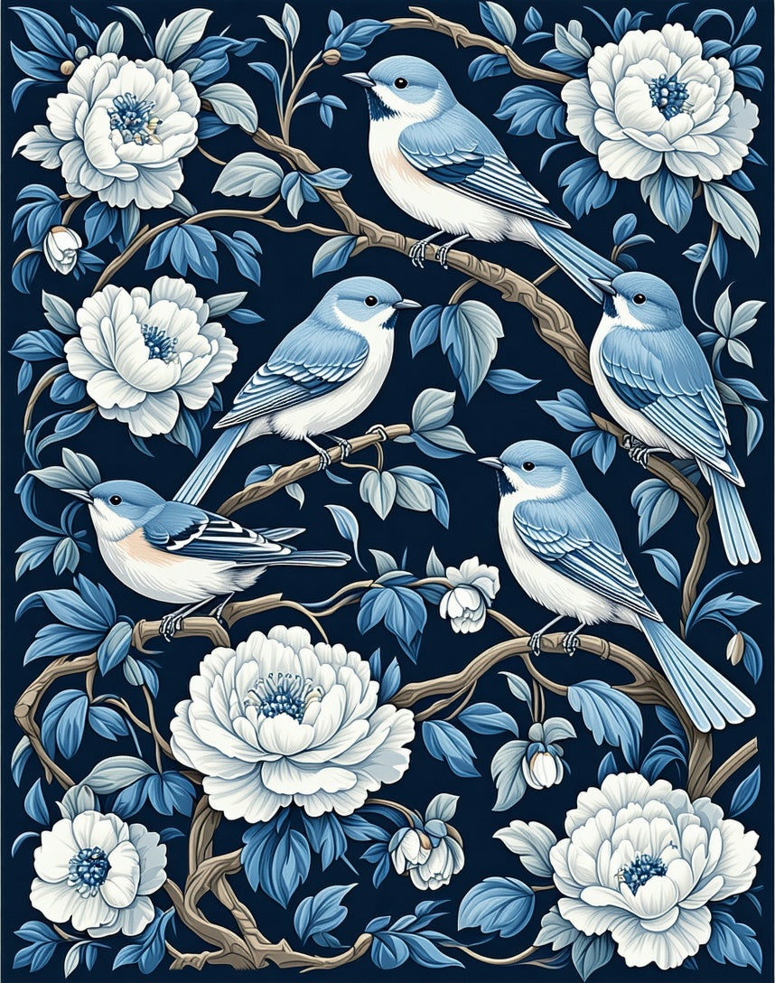 Elegant Blue Birds White Peony Pattern Rug