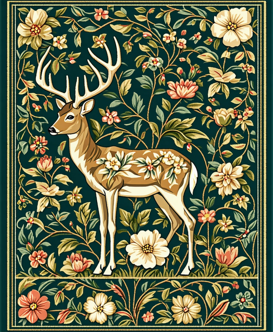 Majestic Deer Floral Meadow Pattern Rug