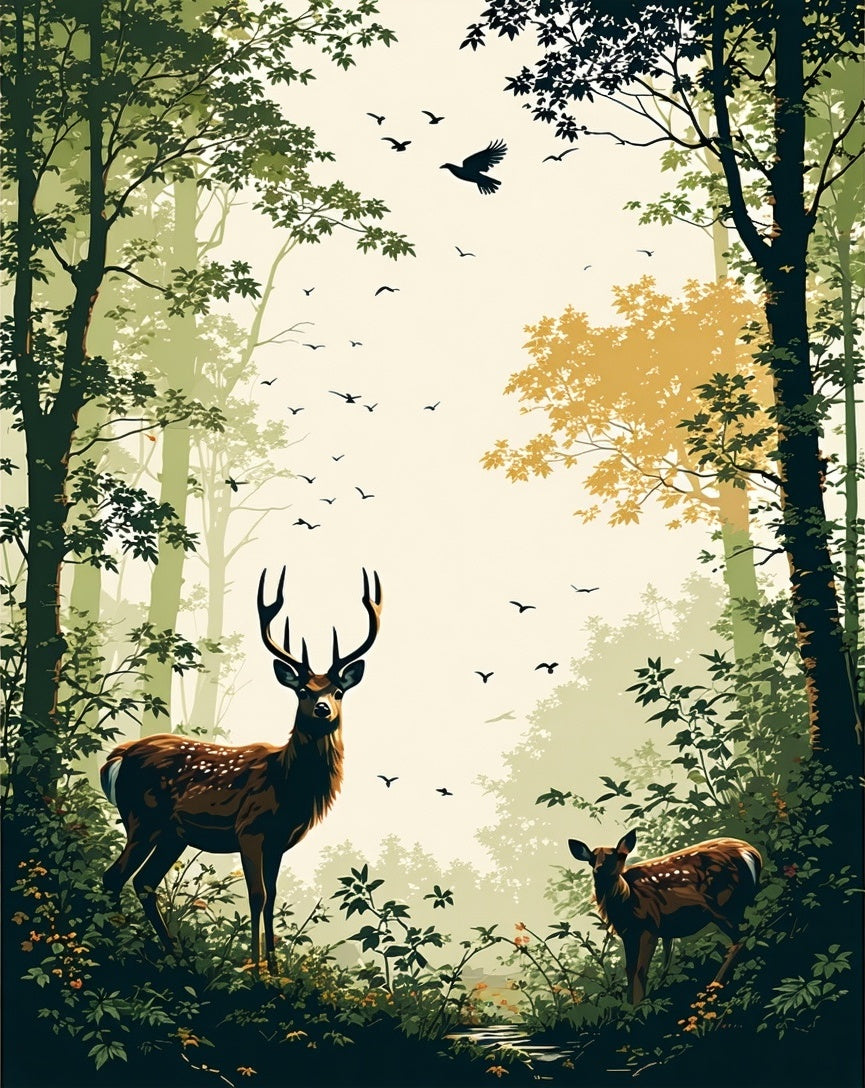 Forest Woodland Scene With Deer Flock Rug