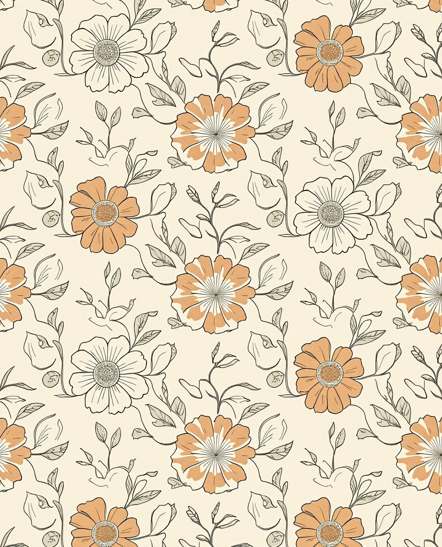 Cream Floral Line Art Pattern Rug