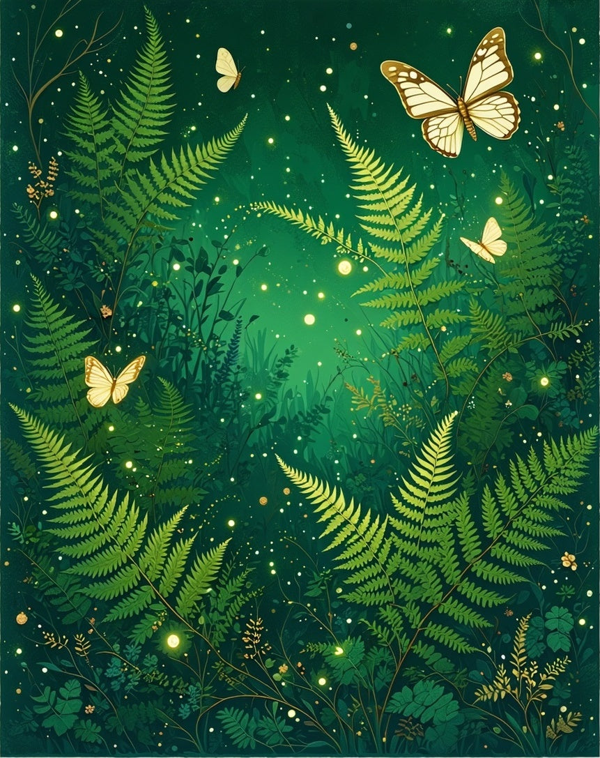 Enchanted Forest Fern Butterfly Scene Rug