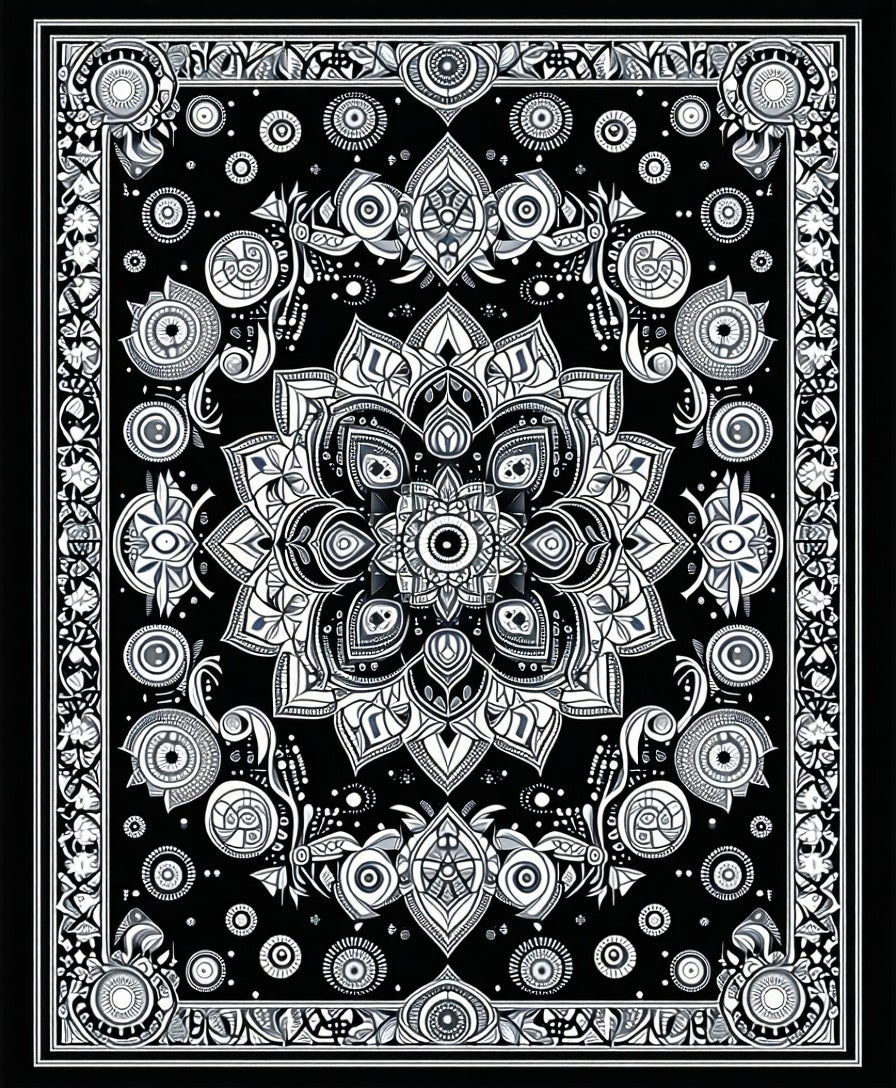 Intricate Black And White Mandala Pattern Rug