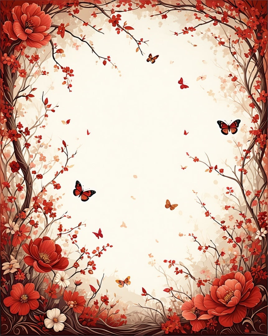 Red Floral Branches Butterflies Rug