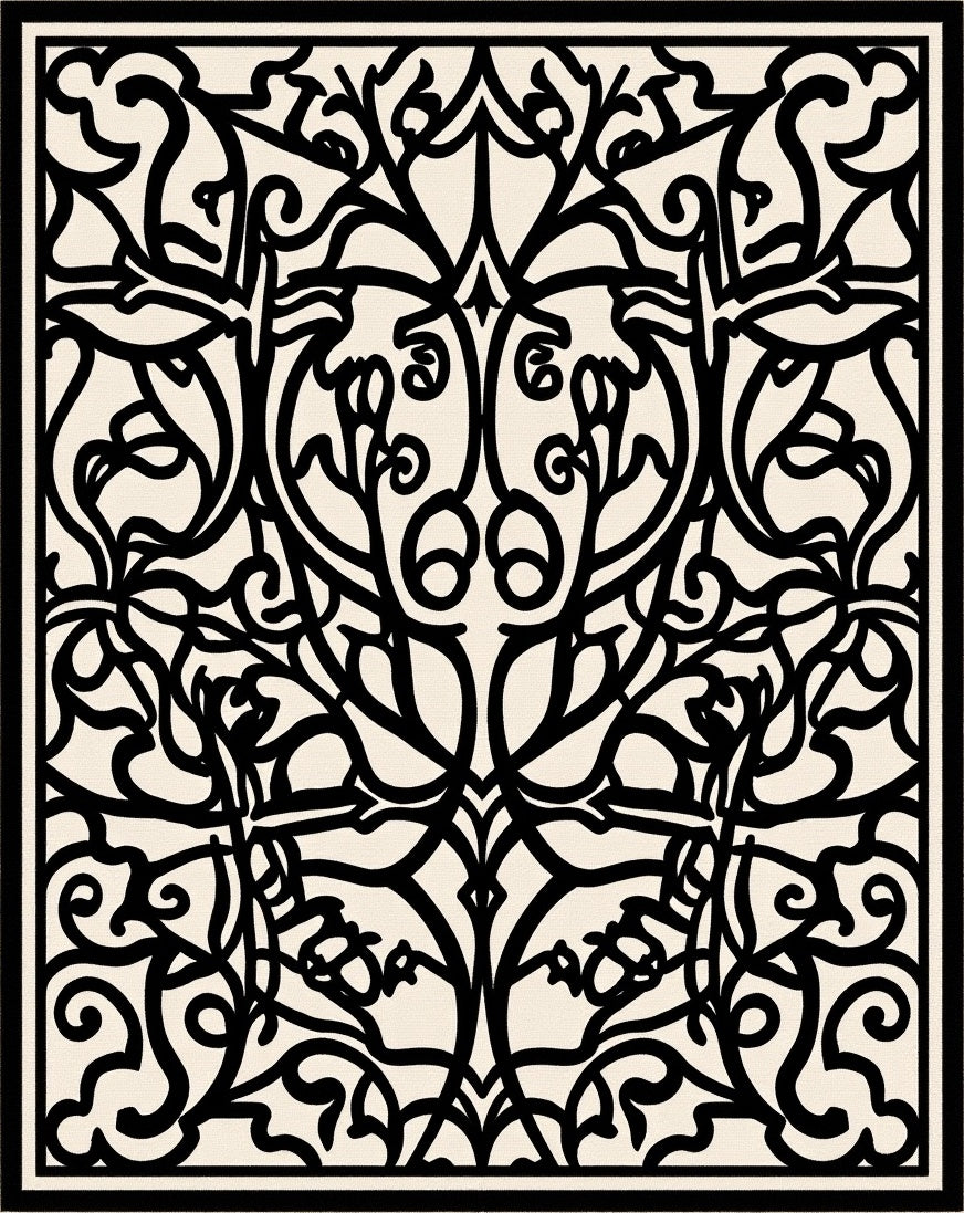 Intricate Black Botanical Nature Scroll Design Rug