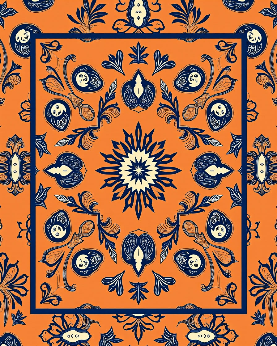 Orange Navy Floral Medallion Bordered Rug