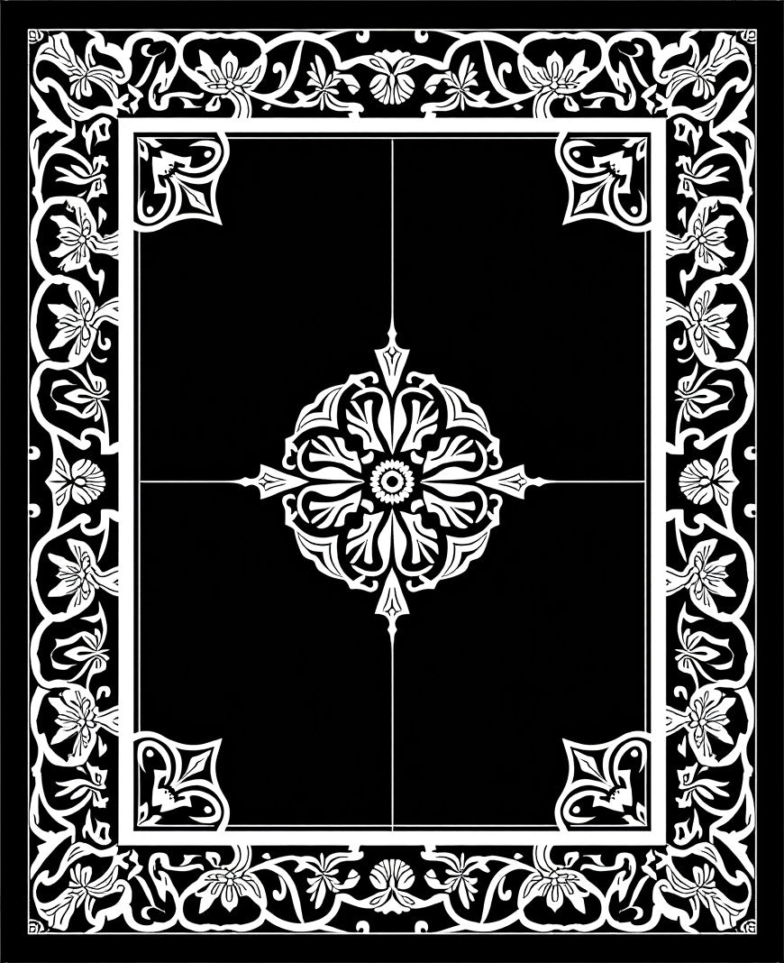 Ornate Floral Scrollwork Black White Rug