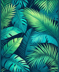 Tropical Leaf Patterned Green Blue Rug