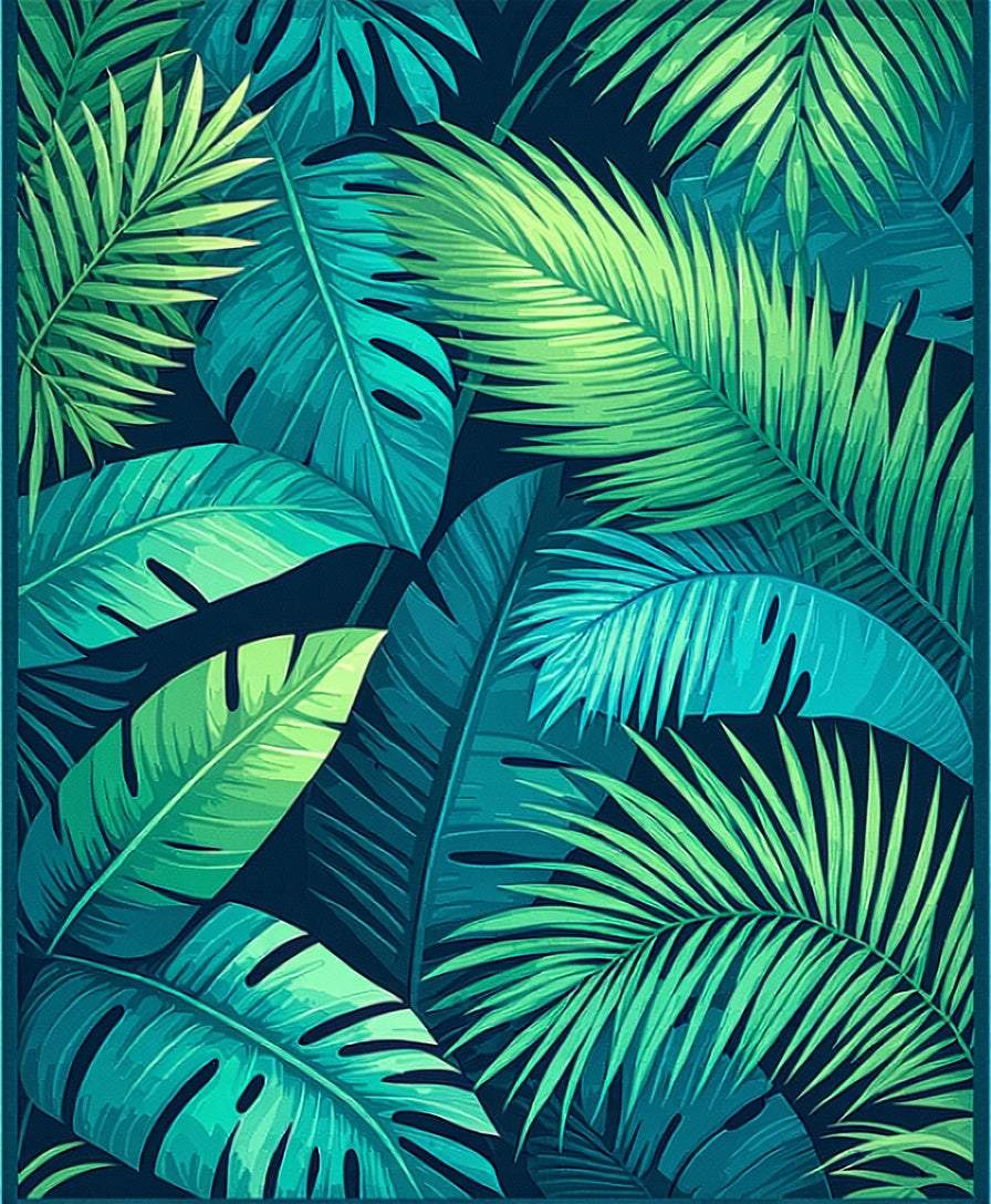 Tropical Leaf Patterned Green Blue Rug