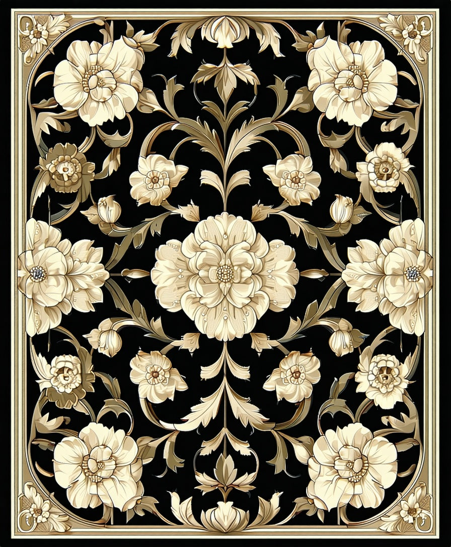 Elegant Floral Scrollwork Black Cream Rug
