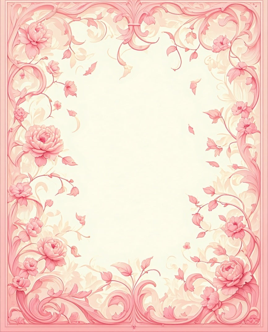 Ornate Pink Floral Vines Border Rug