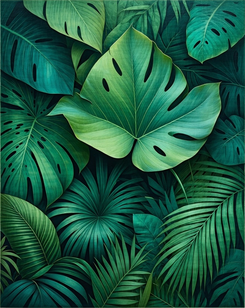 Lush Tropical Green Leaf Pattern Rug