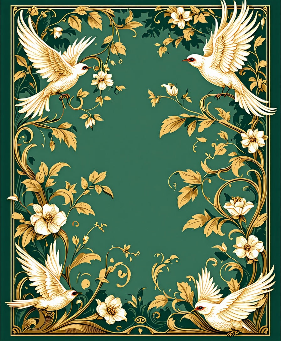 Elegant White Birds Floral Scrolls Design Rug