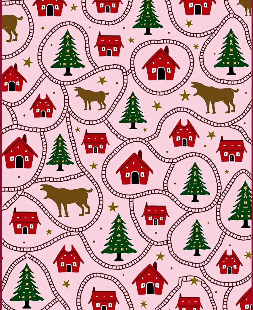 Rustic Red Houses Green Trees Dog Stars Rug