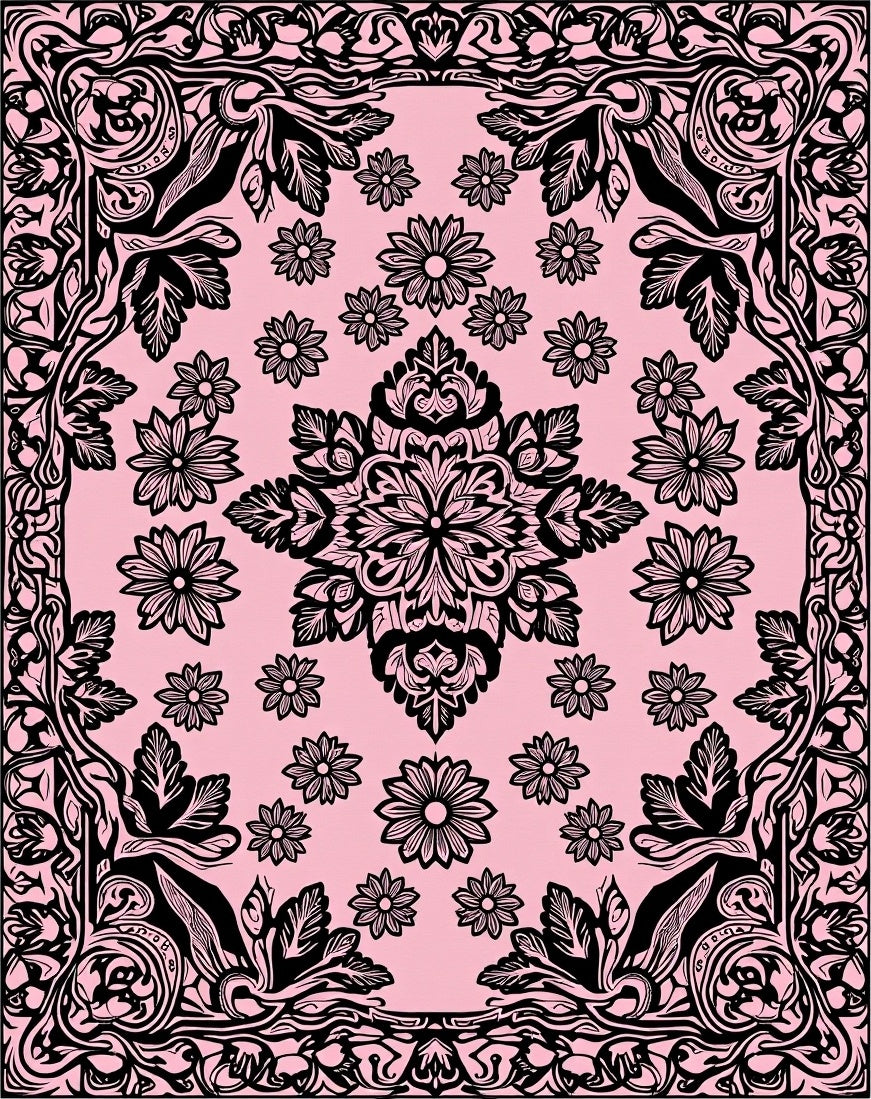 Black Floral Mandala Pattern Pink Rug