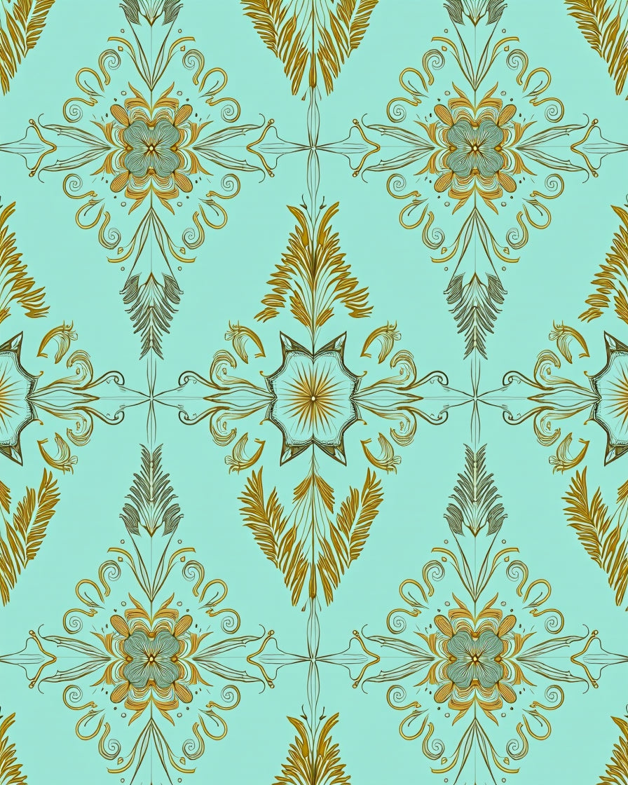 Intricate Gold Floral Damask Pattern Rug