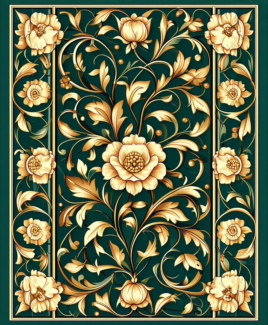 Gold Floral Swirls Green Art Nouveau Rug
