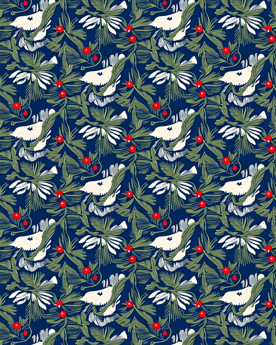 White Birds Red Berry Evergreen Trail Rug