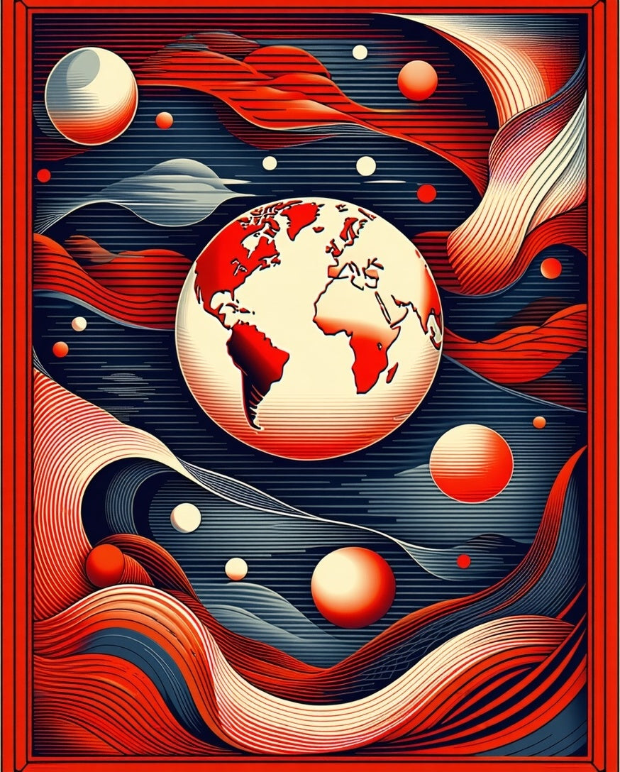 Abstract Globe With Red Waves Rug