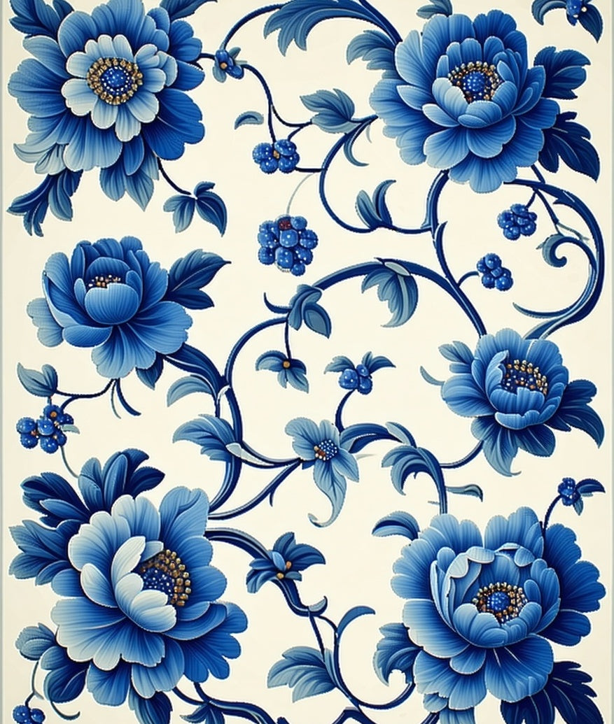 Classic Blue Floral Scroll Pattern Rug