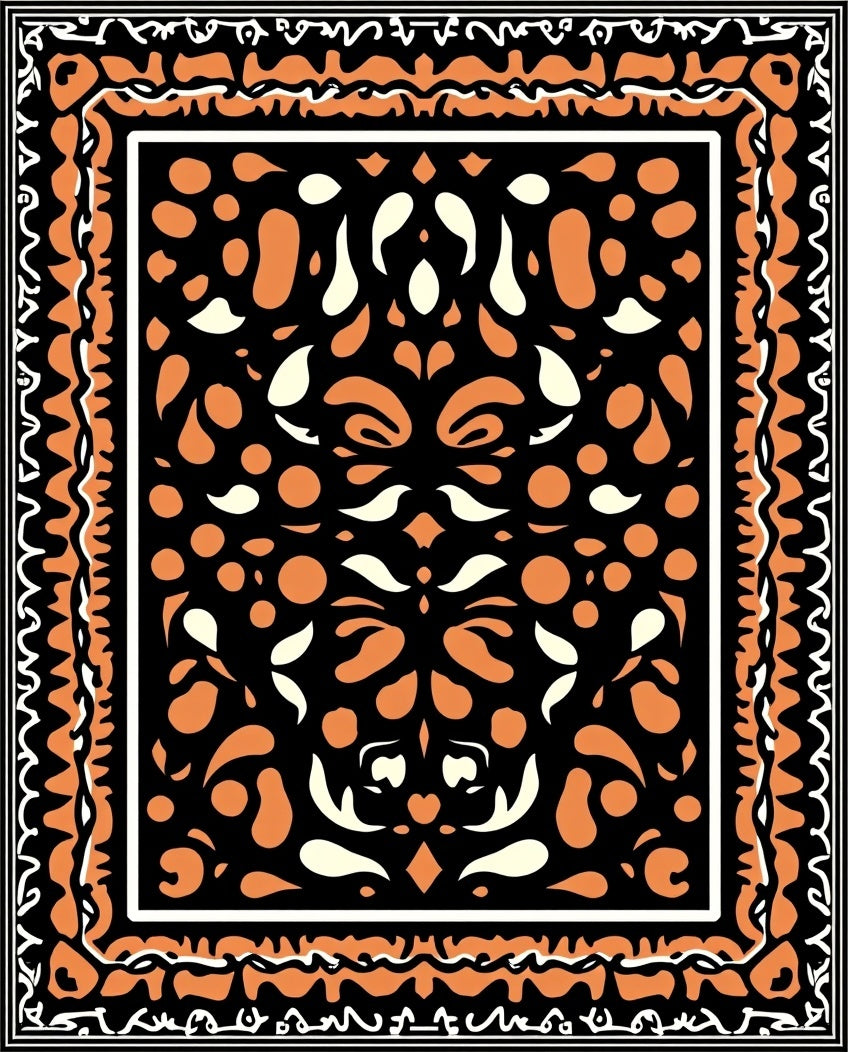 Bold Black Orange Floral Frame Rug