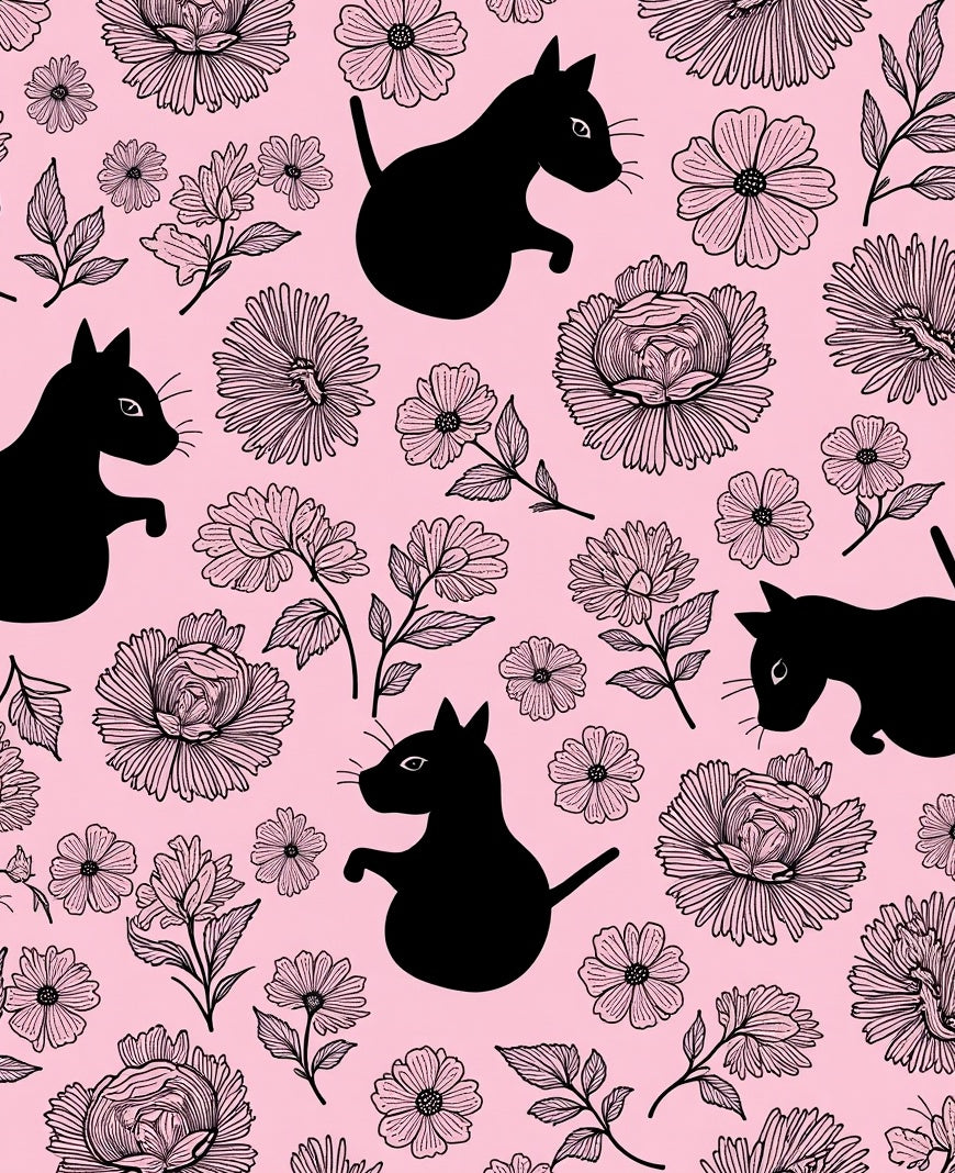 Whimsical Black Cat Floral Pattern Rug