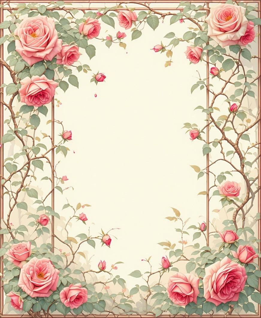 Pink Roses Vine Botanical Frame Rug