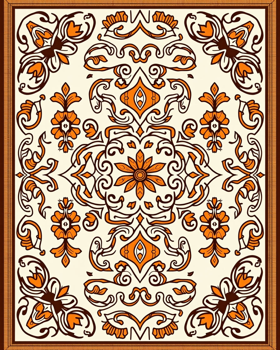 Orange Floral Scrollwork Symmetry Rug