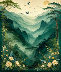 Misty Mountain Birds Floral Scene Rug