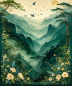Misty Mountain Birds Floral Scene Rug