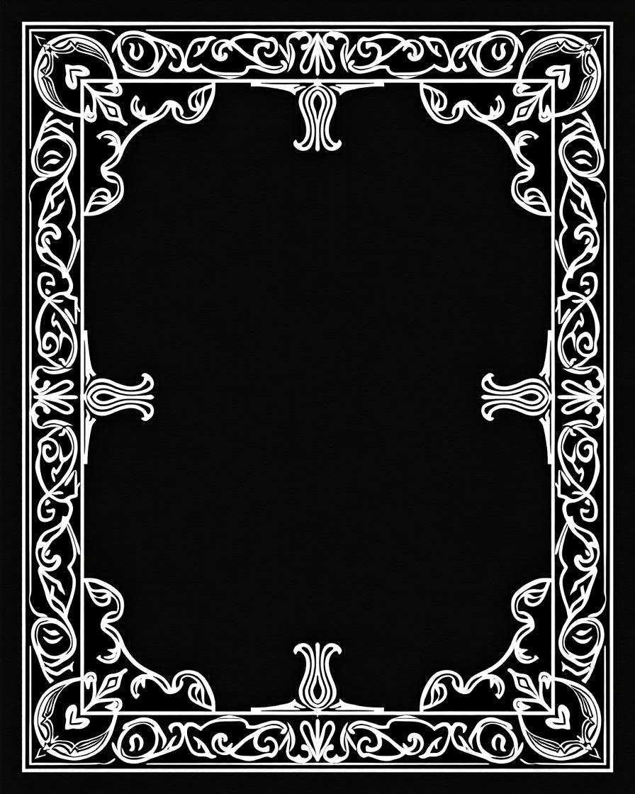 Ornate White Floral Scrollwork Border Rug