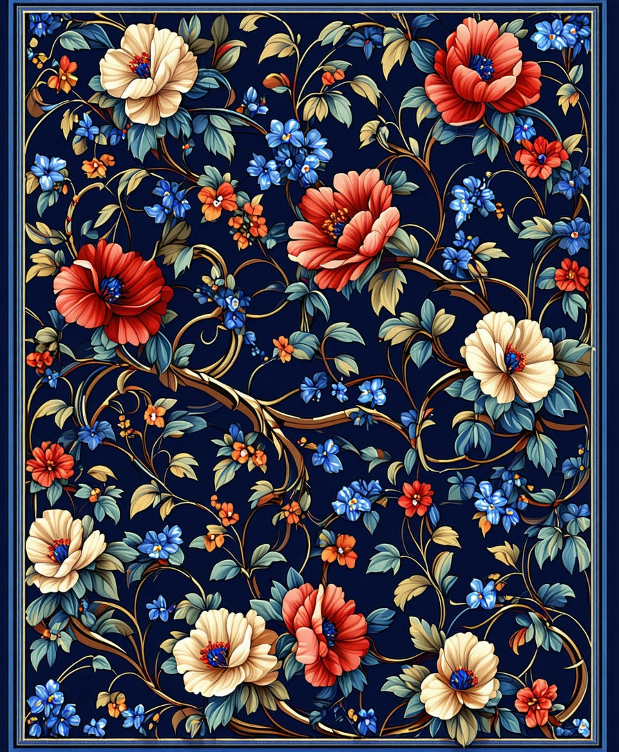 Exotic Floral Vines Deep Blue Rug