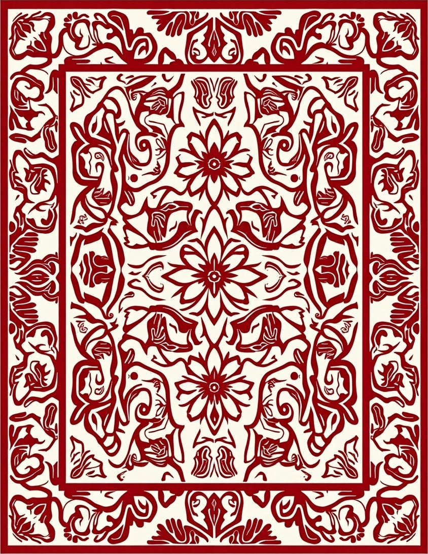 Ornate Red Floral Border Design Rug