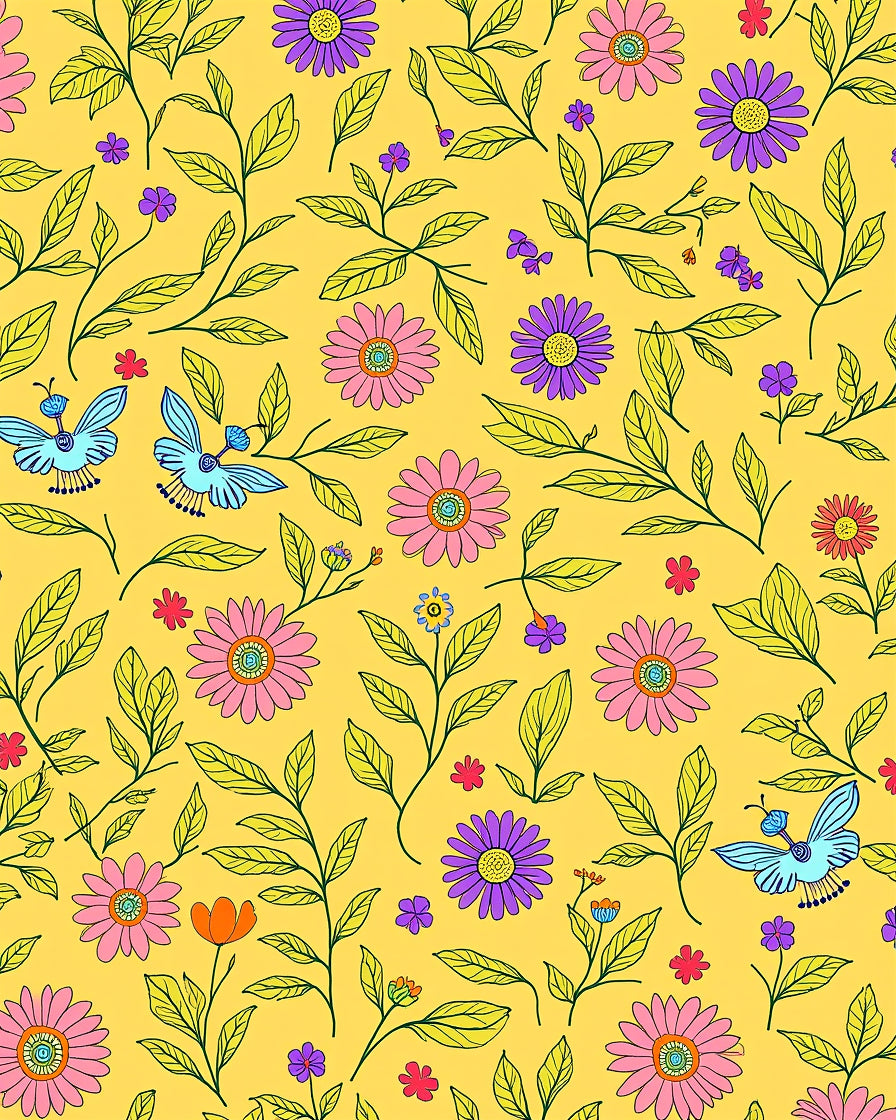 Whimsical Floral Butterfly Meadow Pattern Rug