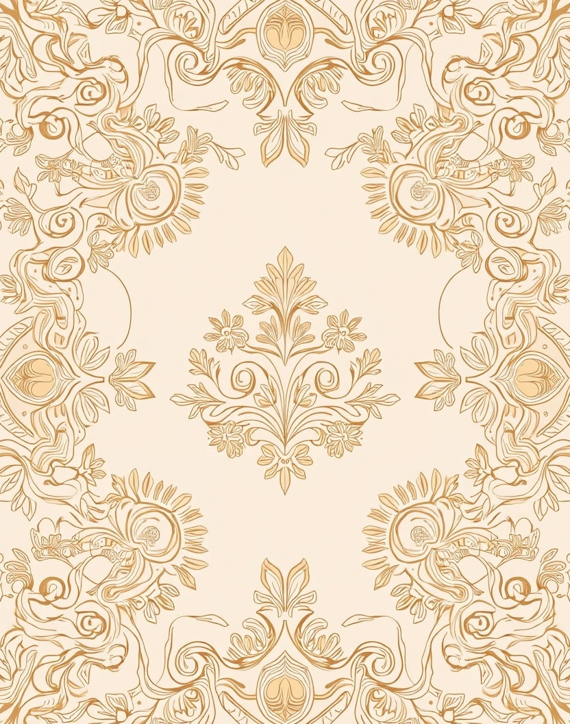 Cream Golden Floral Scrollwork Design Rug