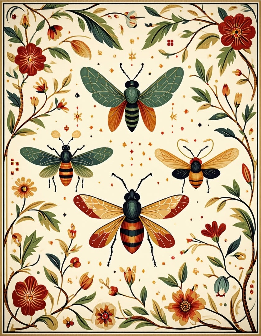 Whimsical Insects Floral Border Design Rug