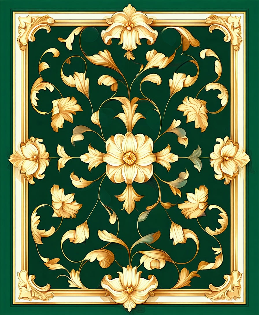 Gold Floral Scroll Patterned Design Rug
