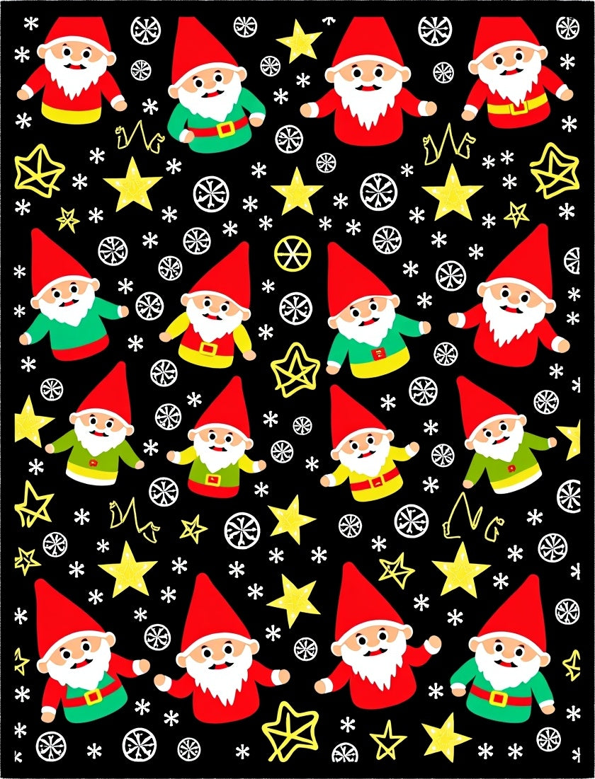 Festive Gnome Christmas Stars Black Rug