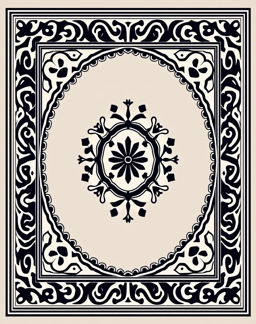 Ornate Black Beige Scrollwork Rug