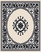 Ornate Black Beige Scrollwork Rug