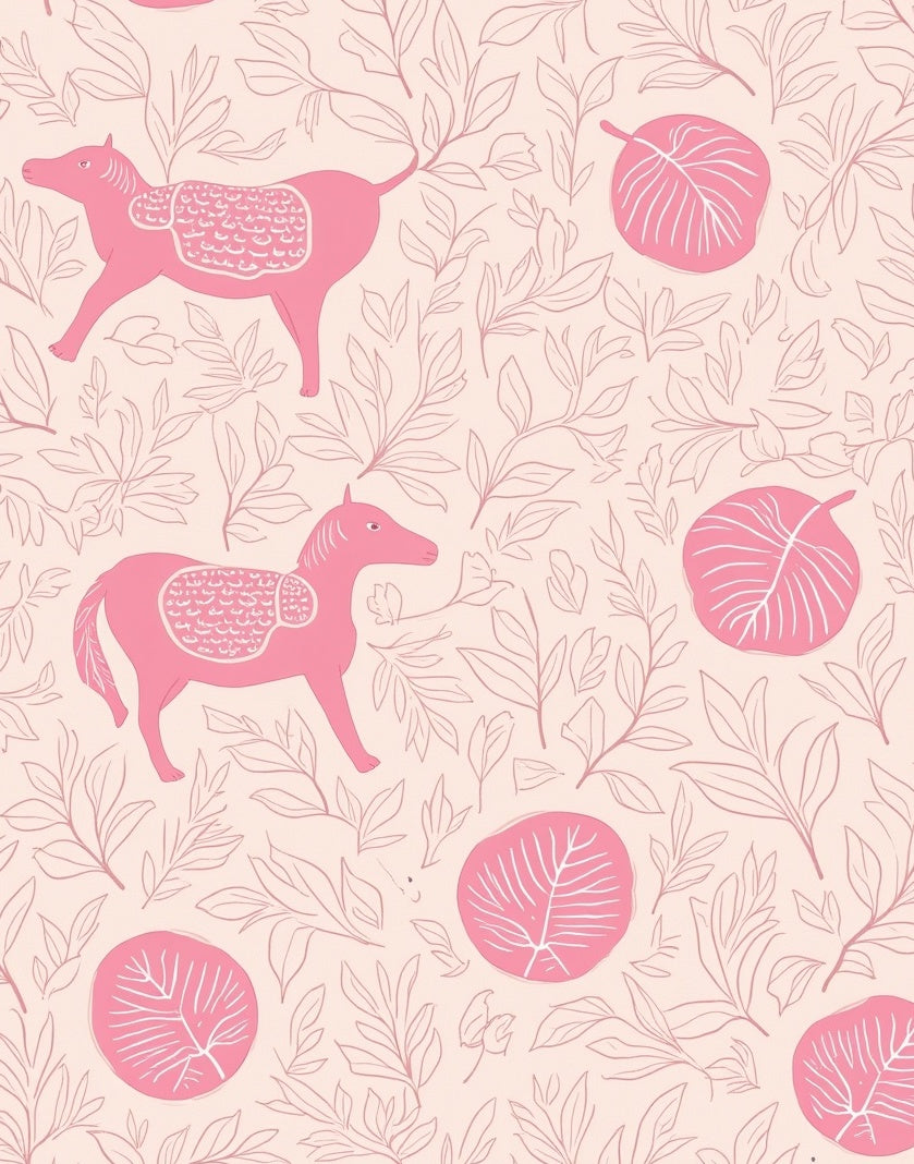 Whimsical Pink Horse Foliage Pattern Rug