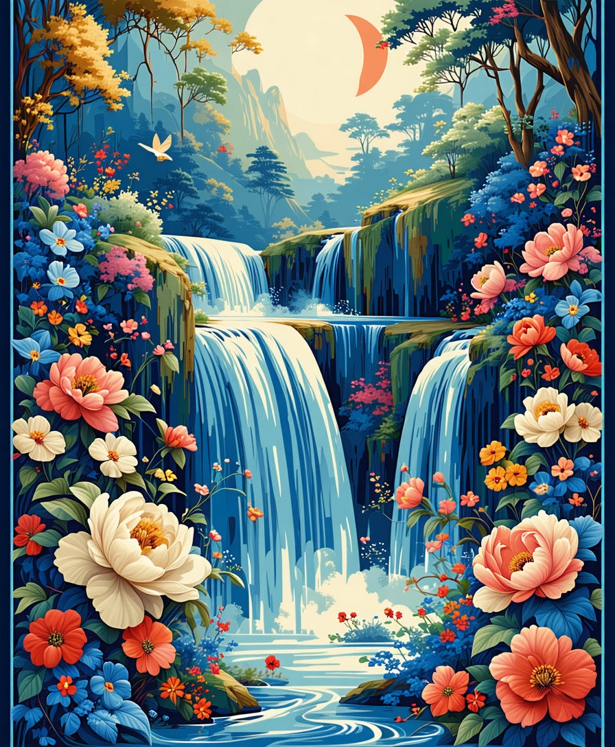 Enchanting Floral Waterfall Landscape Rug
