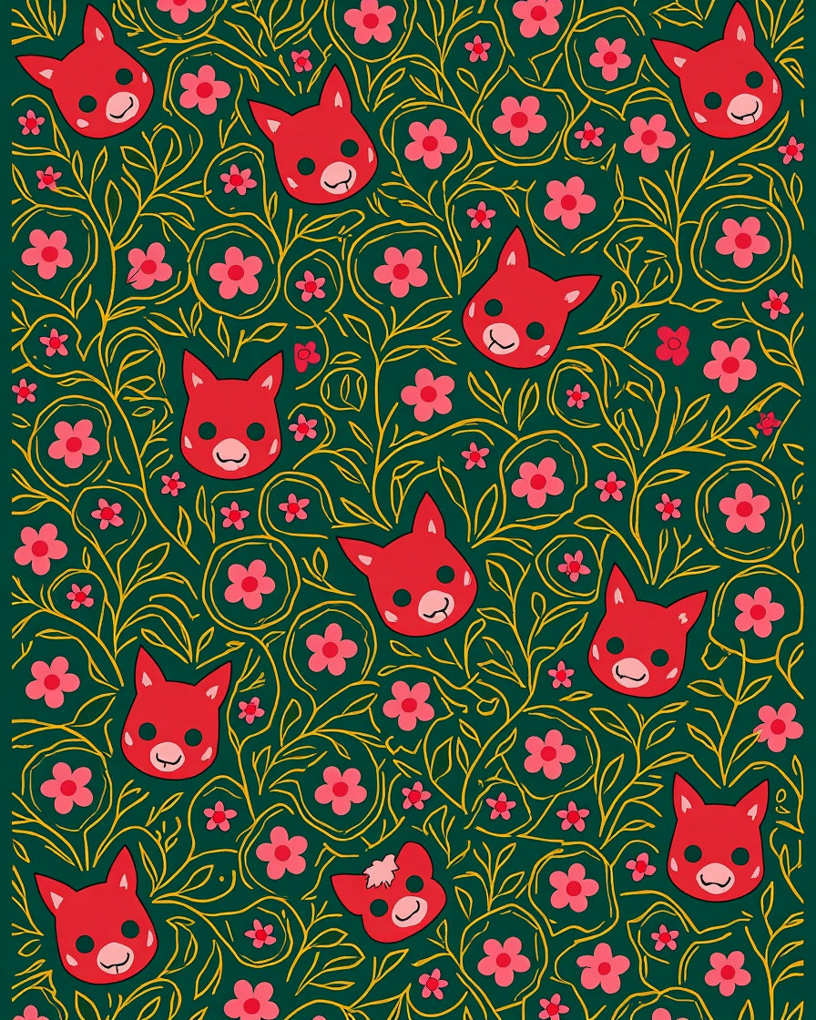Red Fox Pink Flower Botanical Pattern Rug